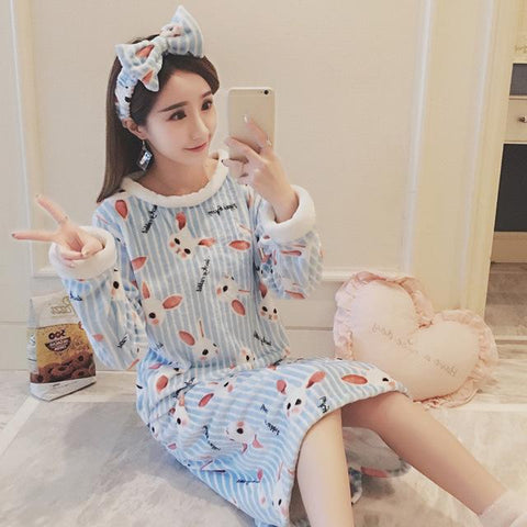 Winter Sexy Women Flannel Night Dress Girls Cartoon Pajamas Robes Long Sleeve Warm Sleepwear Women's Nightgown Homewear Bathrobe
