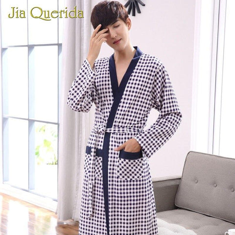 Sleepwear Mens Bathrobes 100% Cotton Plaid Print Design Knitted Pocket Long Sleeves Loose Belt Robe Plush Cardigan Nightgowns