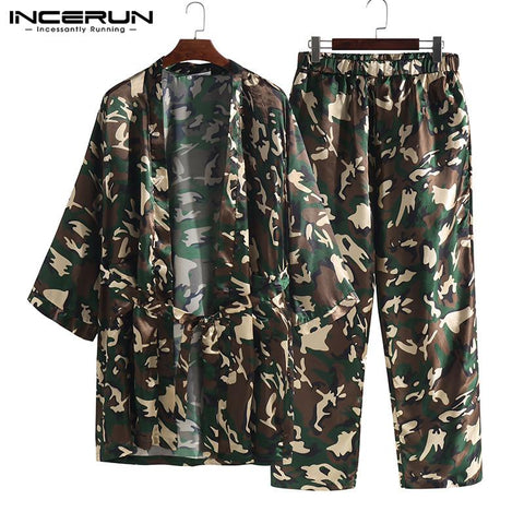 INCERUN Polyester Fashion Men Camouflage Nightgown Long Loose Bath Robes High Quality Cardigan Personal Comfortable 2019 Pajamas