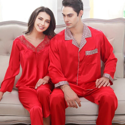 Couples Silk Wedding Sleepwear Men's Nightgown Silkly Satin Mens Pajamas Sleepwear Classic Long Sleeved Homewear 2pcs  D-2162