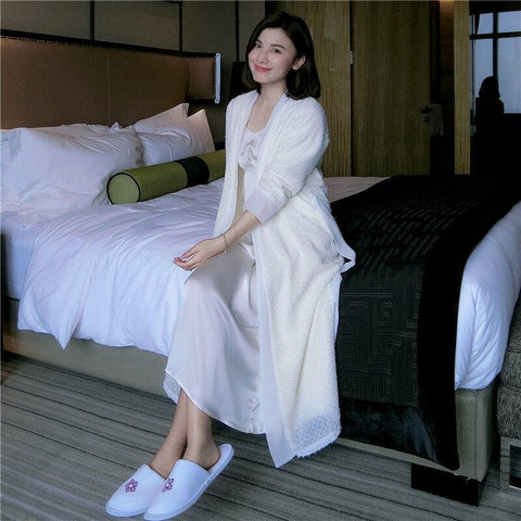 Long Nightgown Women Nightdress Winter Jacquard Plus Thicken Sleepwear Robe Set Fashion Royal Princess Nightshirt 2 Pcs Set