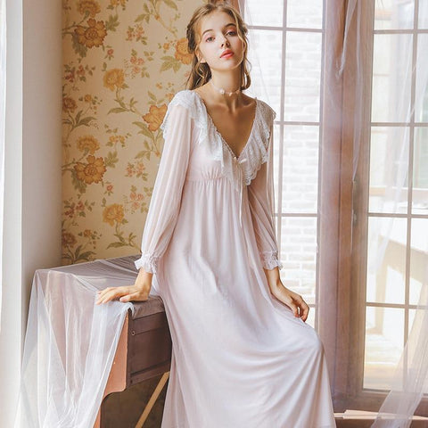 2019 New Autumn Nightgowns Sleepshirts Sleepwear Women Sexy V-Neck Slash Night Wear Princess Long Dress Plus Size Homewear