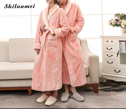 Soft Winter Flannel Coral Fleece Couple Lover's Robe Kimono Bathrobe Nightgown Thick Warm Long Sleeve Sleepwear Bath Night Gown
