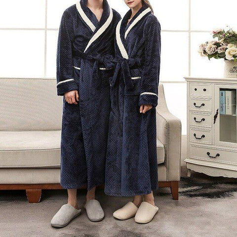 Soft Winter Flannel Coral Fleece Couple Lover's Robe Kimono Bathrobe Nightgown Thick Warm Long Sleeve Sleepwear Bath Night Gown