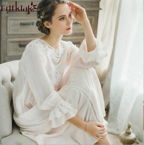 Fdfklak Lace Sleepwear Night Dresses Spring Autumn Long Sleeve Cotton Princess Nightgown Ladies Lingerie Long Nightgown Q840