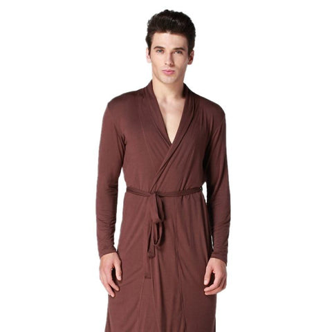 Coffee Men Kimono Bathrobe Gown Long Sleeve Robe Nightgown Summer Casual Sleepwear Modal Pijamas Nightwear Size L XL XXL