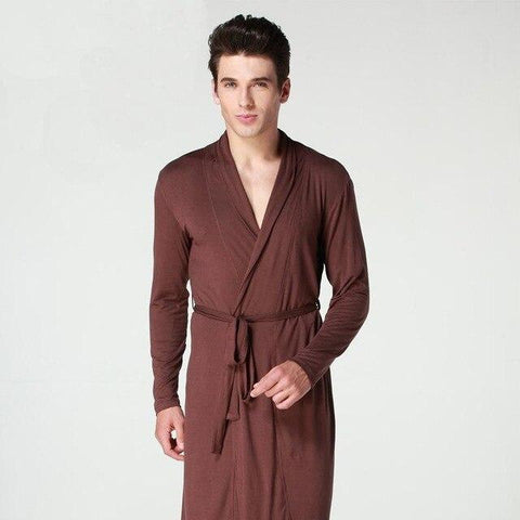 Coffee Men Kimono Bathrobe Gown Long Sleeve Robe Nightgown Summer Casual Sleepwear Modal Pijamas Nightwear Size L XL XXL