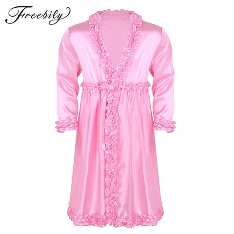 Mens Sissy Silky Satin Dressing Gown Bathrobe Lingerie Long Sleeves Frilly Ruffle Edges Long Nightgown Sleepwear