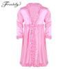 Mens Sissy Silky Satin Dressing Gown Bathrobe Lingerie Long Sleeves Frilly Ruffle Edges Long Nightgown Sleepwear