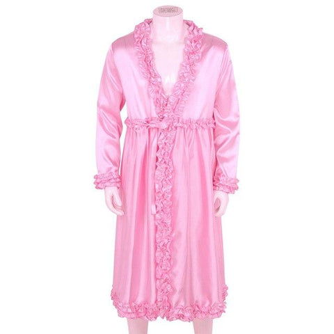 Mens Sissy Silky Satin Dressing Gown Bathrobe Lingerie Long Sleeves Frilly Ruffle Edges Long Nightgown Sleepwear