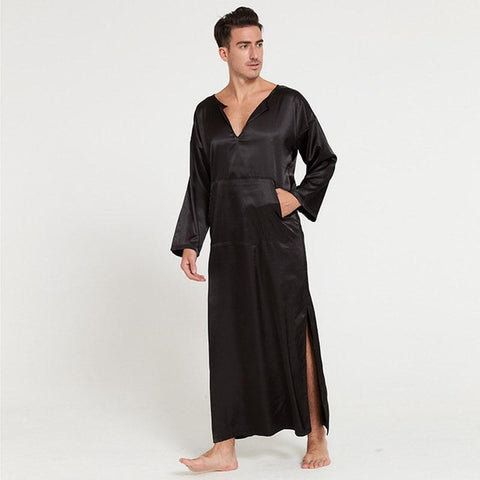 Dubai Style Mens Full Length Robe Summer NEW Kimono Bathrobe Gown Silky Satin Sleepwear Home Clothes Solid Nightgown Nightwear