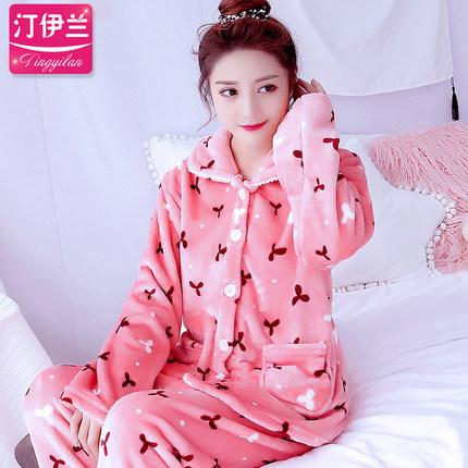 Thickening women winter flannel pajamas coral fleece pajama sets sleepwear velvet long-sleeve casual nightgown