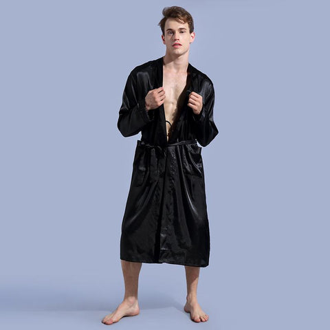Men's Long Sleeve Lace-up Microfiber Siamese Pajamas V-neck Pocket Pajamas for Men's Clothing 2018 Robe Thin Cardigan Nightgown