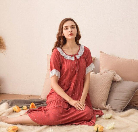 Summer New Short-sleeved Cotton Long Sleepwear Korean Fresh Lace Printing Night Dress Women Plus Size Nightgowns Lingerie Dress