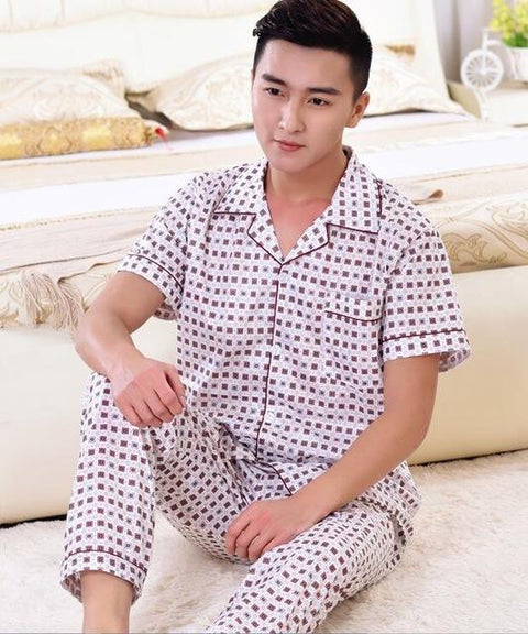 Spring Summer Men's Pajama Cotton Long Pants Short Sleeve Turnshirt Casual Home Suit Set Mens sleepwear Male Trousers nightgown
