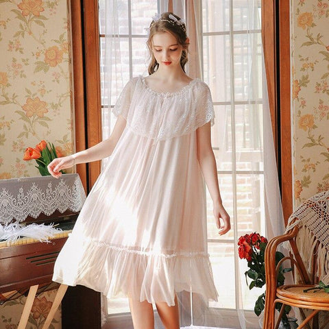 Sexy Round Neck Sleep Wear Night Dress Vintage Nightgown Short Sleeve Nightdress White Honeymoon Sleepwear Women Nightshirt