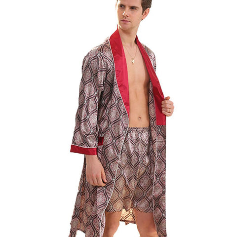 Men Casual Homewear Set Print Long-sleeved Sleeve Elastic Waist No Nightgown Relaxed Short Pants Set