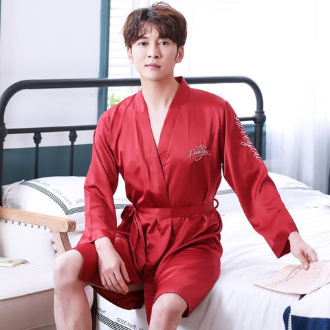 3XL Spring New Sleeve Male Robe Letter Casual Home Dressing Gown Summer Sleepwear Rayon Satin Men Kimono Bathrobe Nightgown