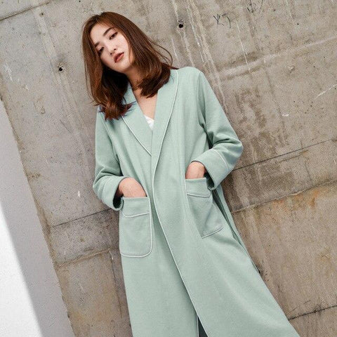 High-end Luxury Bath Robe Long Lady's Large Lapel Autumn Nightgown Pure-colour Knitted Cotton Waist-retracted Dressing Gown