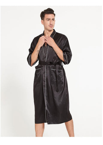 Summer Silky Satin Robe Nightgown For Male Half Sleeve Home Clothes Mens Long Solid Kimono Bathrobe Gown Casual Sleepwear