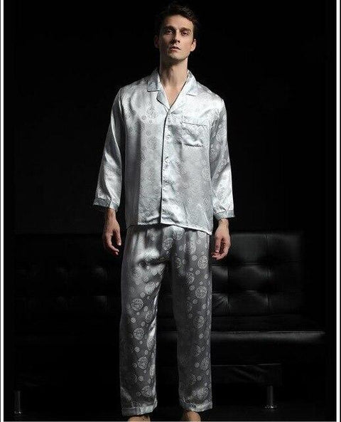 Men Spring Silk pajamas Long sleeve Nightgown Sleepwear