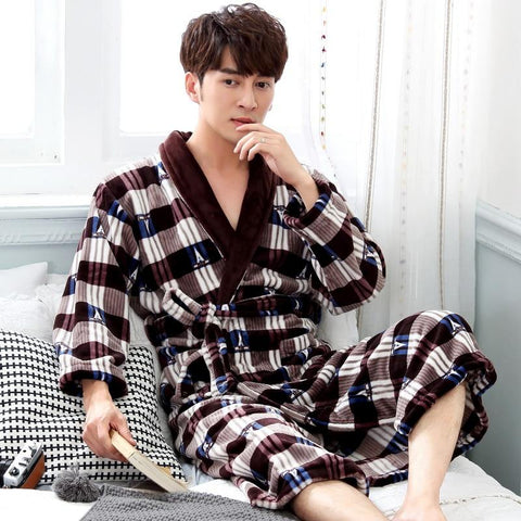 Male Coral Velvet Bathrobes Adult Flannel Nightgowns Men's Autumn and Winter Pajamas Soft and Long Sleeves Sleeprobe D-2148