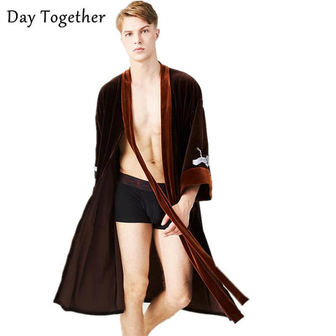 Men Winter Velvet Warm Bath Robe Women Kimono Long-sleeved Soft Thick Bathrobe Couple Nightgown Sleepwear