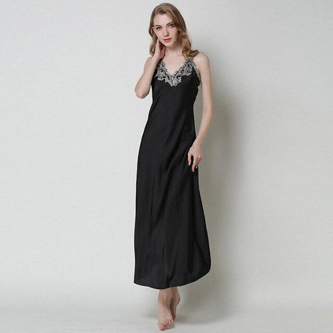 Simulated silk pajamas, lace lace, sexy V collar, long halter skirt, nightgown, home dress.