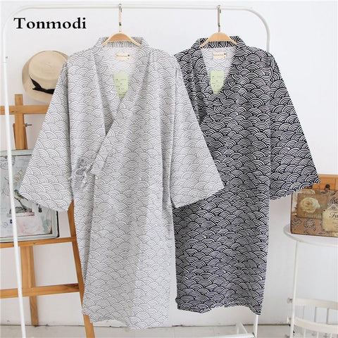 Kimono Robes Men Cotton Woven Double Layer Gauze Kimono Nightgown Bathrobe Long Robe Sleepwear Lounge Nightshirt