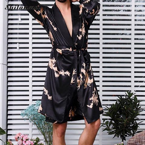 Men'S Silk Nightgown Shorts Two-Piece Set Pijamas Male Summer Thin Long-Sleeve Dragon Satin Plus Size Robes Bathrobe Clothing