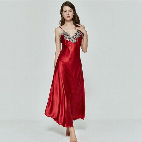 Sexy Women V-neck Satin Silk Lace Lingerie Back V Pajama Long Night Dress Nightgown Sleepwear