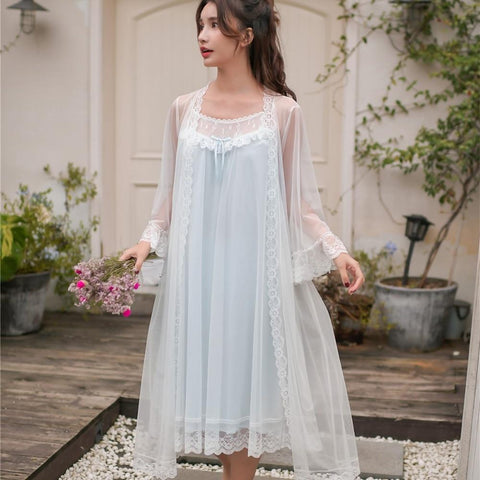 Summer Soft Modal Sleepwear Women's 2 Pieces Robe Sets Vintage Princess Long Nightgowns Elegant Female Sexy Sleep Dress 8162