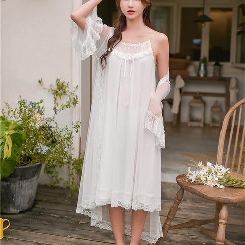 Summer Soft Modal Sleepwear Women's 2 Pieces Robe Sets Vintage Princess Long Nightgowns Elegant Female Sexy Sleep Dress 8162