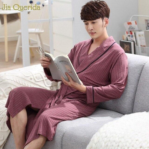 Men Sexy Robe Sleep Wear Kimono Home Robes 2019 New Fashion Rib Fabric Classy Mens Bath Robe Cotton Yukata Long Sleeve Nightgown