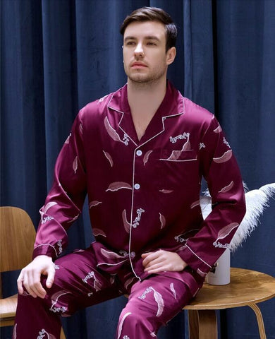 Men's Long-sleeved Ice Silk Satin Suit Homewear Modern Style Plus Size Nightgown Students Leisure Youth Household Clothes J036