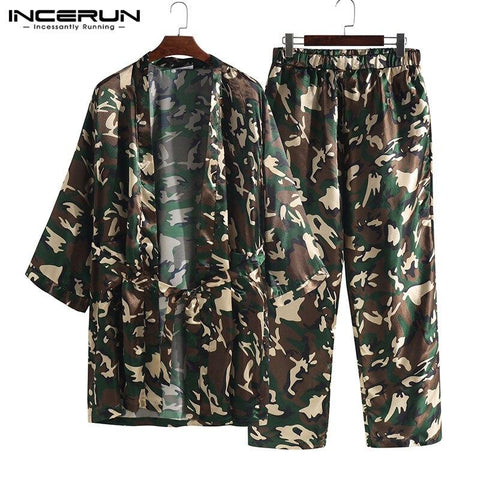 INCERUN Polyester Fashion Men Camouflage Nightgown High Quality Long Loose Bath Robes Cardigan Robe Personal Comfortable Pajamas