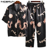 INCERUN Men Pajamas Set Print Short Sleeve Tops Long Pants Nightgown Loose Silk Satin Ladies Loungewear Men Sleepwear Sets 2019
