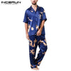 INCERUN Men Pajamas Set Print Short Sleeve Tops Long Pants Nightgown Loose Silk Satin Ladies Loungewear Men Sleepwear Sets 2019