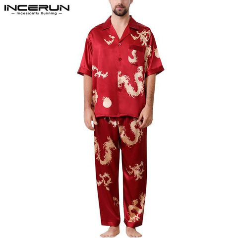 INCERUN Men Pajamas Set Print Short Sleeve Tops Long Pants Nightgown Loose Silk Satin Ladies Loungewear Men Sleepwear Sets 2019
