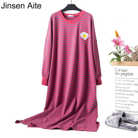 Jinsen Aite 2019 Cotton Striped Long Sleeve Large Size Home Dress Pregnant Sleepwear Casual Women Nightgowns Sleepshirts JS752