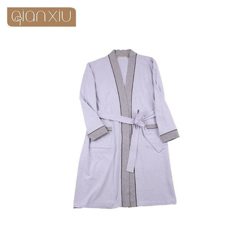 Qianxiu Cotton Sleepshirts Men Knitted Homedress long-Sleeve Patchwork Nightgown 1884