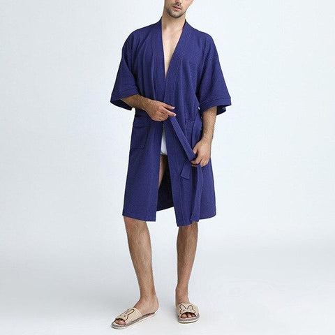Towel Bath Robe Dressing Gown Men Solid Cotton Waffle Sleep Lounge Summer Bathrobe Nightgowns Robes Casual Wear Mens Robes Long
