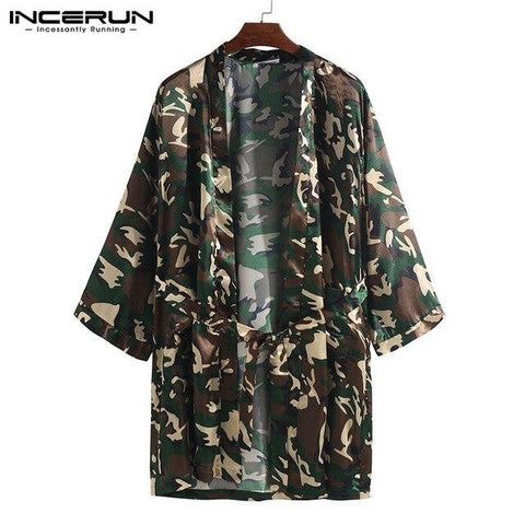 INCERUN Polyester Fashion Men Camouflage Nightgown High Quality Long Loose Bath Robes Cardigan Robe Personal Casual 2019 Pajamas