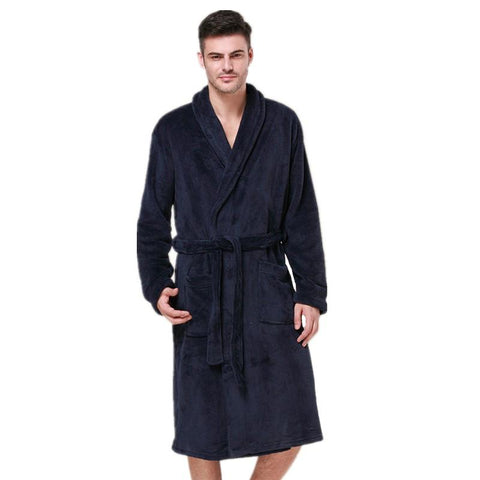 Winter Male Warm Kimono Bathrobe Gown Long Casual Men Nightgown Nightwear High Quality Coral Velvet Robe Navy Blue Sleepwear