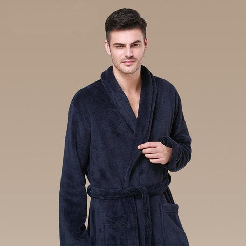 Winter Male Warm Kimono Bathrobe Gown Long Casual Men Nightgown Nightwear High Quality Coral Velvet Robe Navy Blue Sleepwear