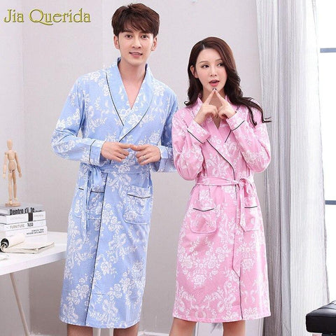 Kimono Robe Men and Women Matching Floral Printing 100% Cotton Bath Robe Long Sleeve Nightgown Couple Lingerie Matching Bathrobe