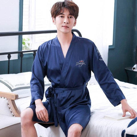 Spring Long Sleeve Male Robe Letter Casual Home Dressing Gown Summer Sleepwear Rayon Satin Men Kimono Bathrobe Nightgown