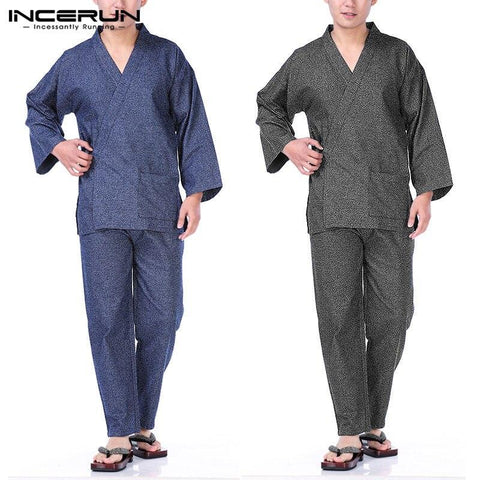INCERUN Men Japanese Kimono Set Homewear Long Sleeve Casual Solid Vintage Nightgown Pants Men Sleepwear Pajamas Set Plus Size
