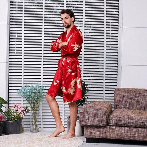 Men's Silk Bathrobe Plus Size 5XL Long-sleeved Bath Robe Men Satin Sleepwear Nightgown Print Dragons Dressing Gown Home Clothes