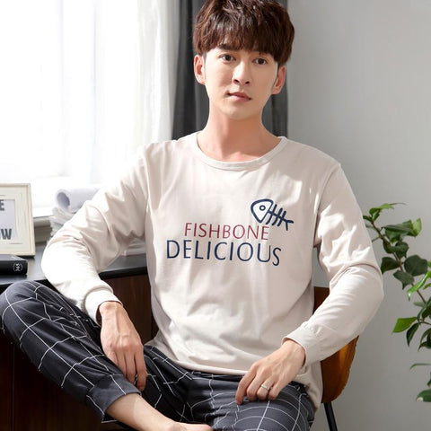 Men's Cotton Pajamas Sets Men Pijamas Cartoon Fish Sleepwear New Men Long Sleeve Nightgown Round Neck Pyjamas Leisure Home Cloth